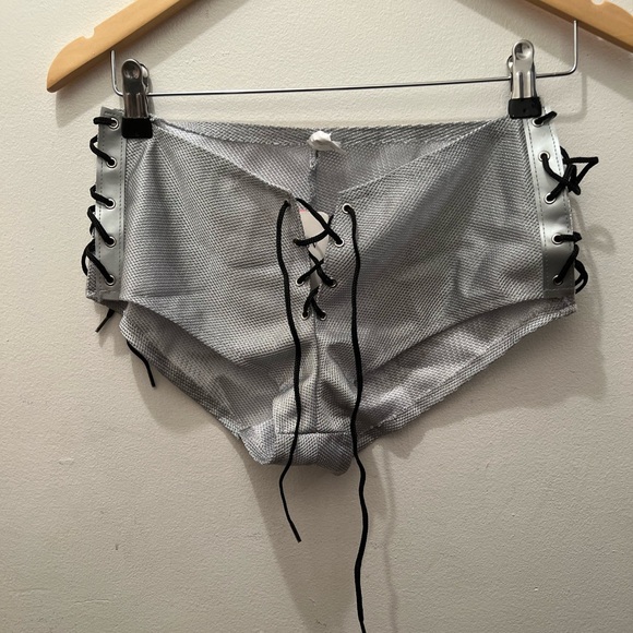 Silver Vinyl Mesh Lace Up V Front Shorts With Lace Up Sides - Picture 2 of 3